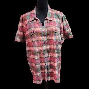 DJ Banks women's well-loved short sleeve button down plaid blouse